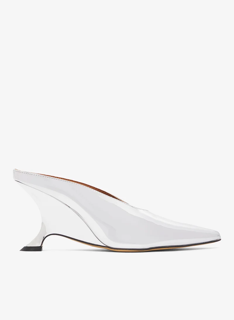 Silver Metallic Mid Heel Mules Statement Heel